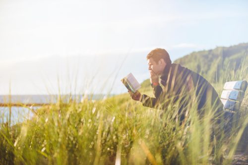 草むらのベンチで読書する男性