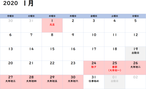 2020年の春節のカレンダー